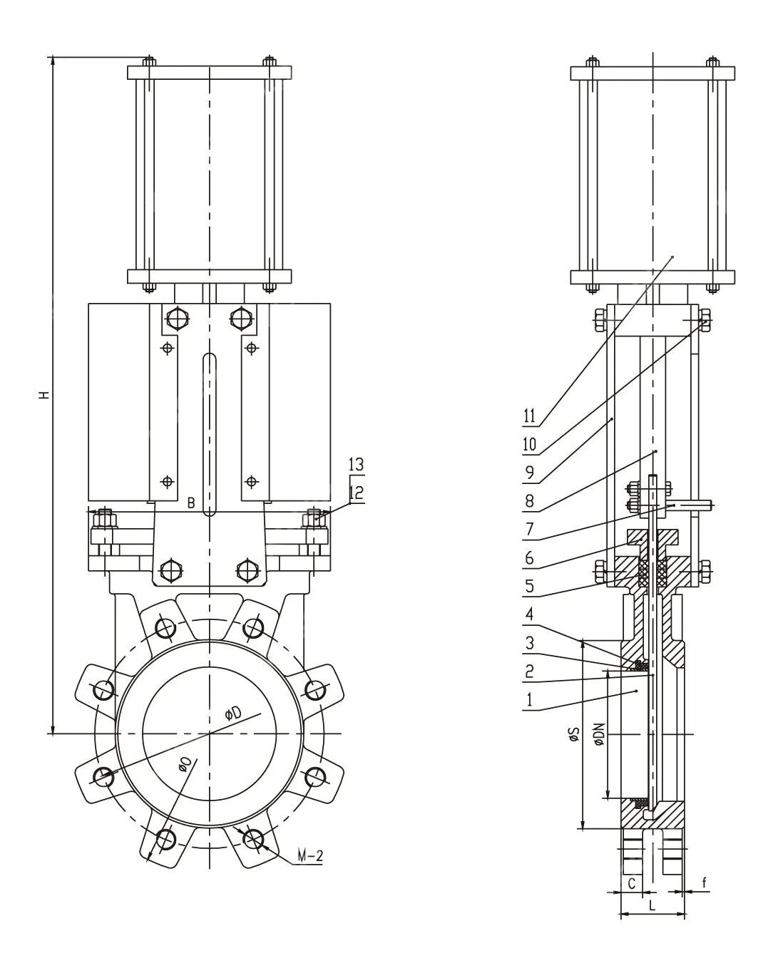 ASTM A351 CF8 Knife Gate Valves, 6 IN, CL150, Pneumatic, Lug