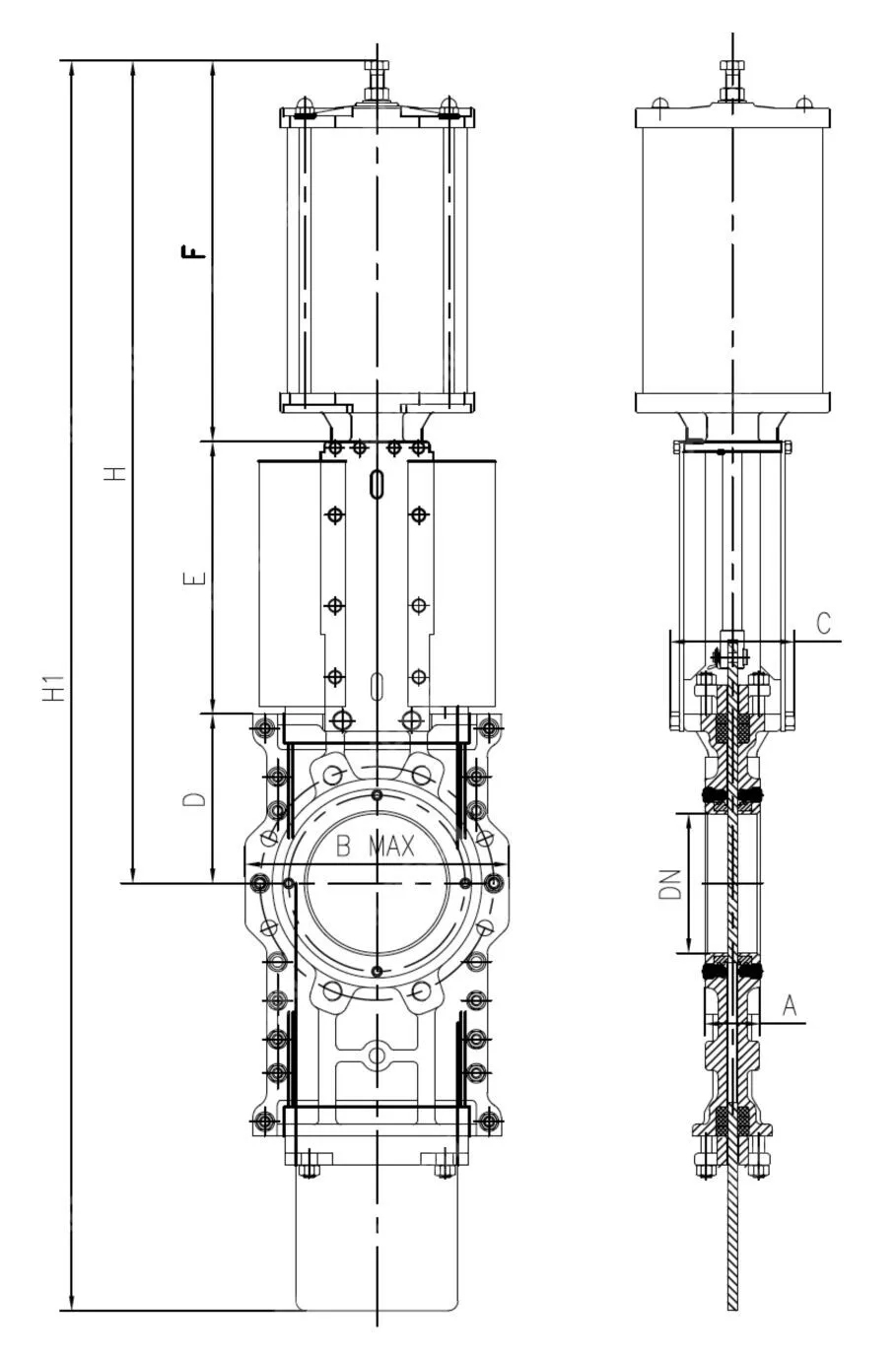 Pneumatic Knife Gate Valve, ASTM A351 CF8, DN100, PN10, 4 IN